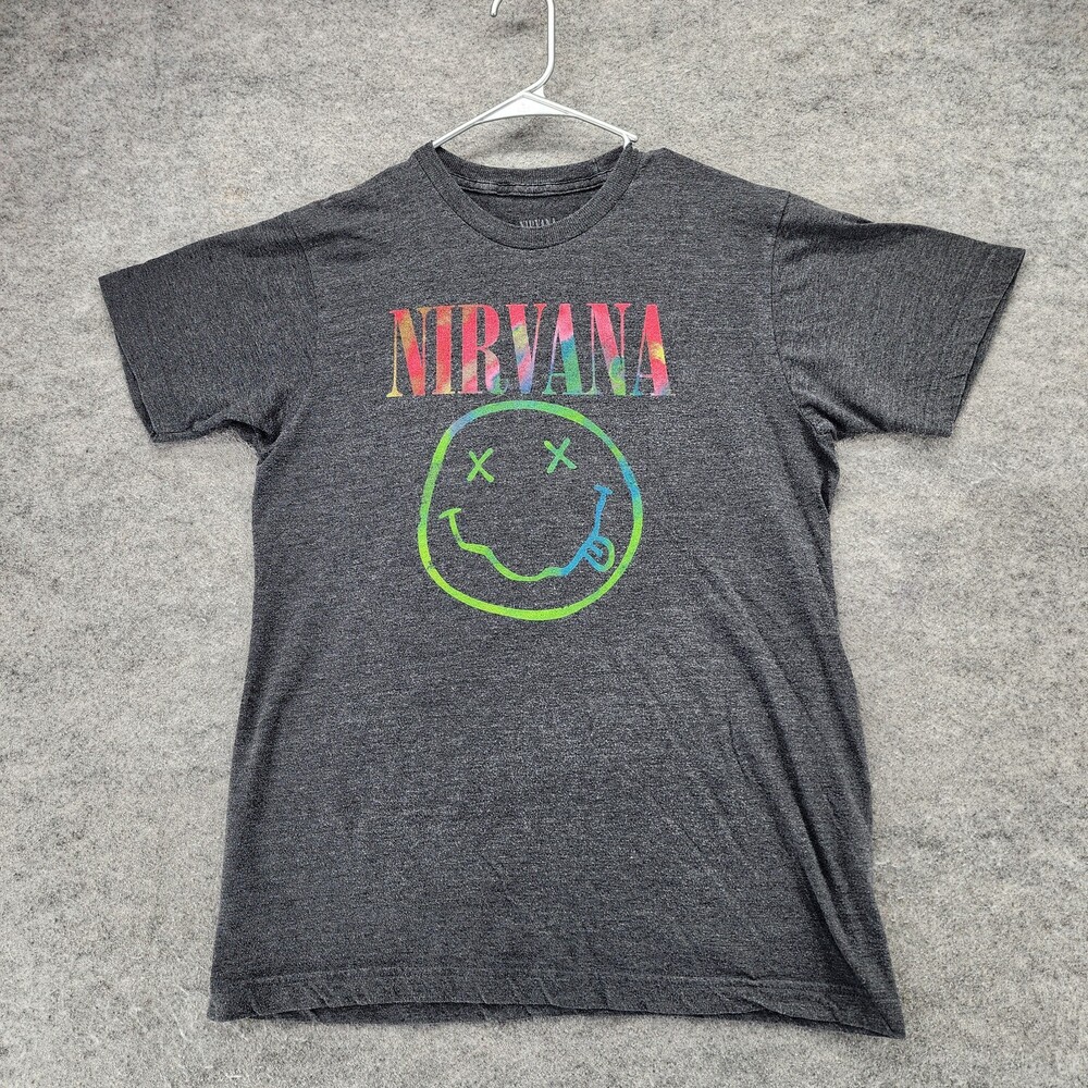 Nirvana Shirt Womens Large Short Sleeve Gray Smiley Face